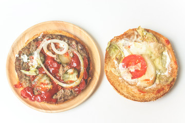 Hamburgers Fast Food / Meat Hamburgers On Wood Plate Isolated With White Background.
