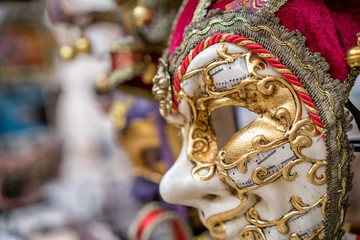 Detail view of beautiful venice mask. Traditional carnival mask for sale.