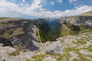 Beautiful landscape of Ordesa National Park, Pyrenees, Spain. Side view of Canyon.