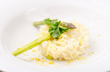 Vegetarian Risotto with asparagus and Parmesan cheese.
