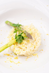 Vegetarian Risotto with asparagus and Parmesan cheese.
