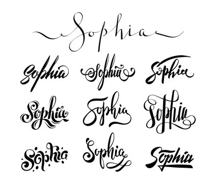 Personal name Sophia. Vector handwritten calligraphy tattoo design set