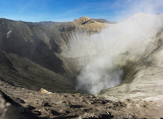 Panorama bromo vocalno crater with gas smoke
