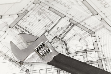 architecture blueprints -  house plans & adjustable wrench