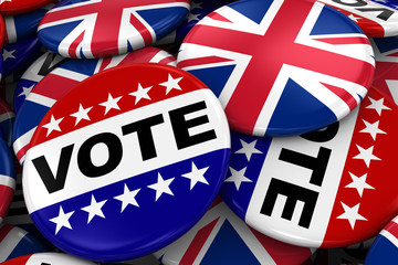 UK Elections Concept Image - Mix of Vote and British Flag Badges in Pile - 3D Illustration