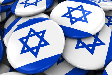 Pile of Israeli Flag Badges - Flag of Israel Buttons piled on top of each other - 3D Illustration