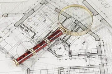 architecture blueprint -  house plans & magnifying glass