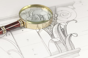 magnifying glass & architectural drawing - detail column