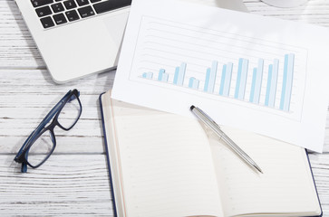 mix of office supplies and gadgets on a wooden table background. view from above