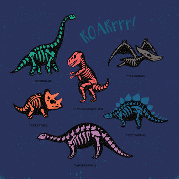 Adorable card with funny dinosaur skeletons in cartoon style