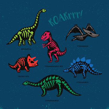 Adorable card with funny dinosaur skeletons in cartoon style