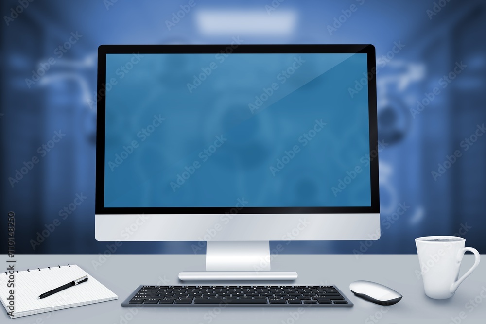 Poster composite image of image of a desk with computer