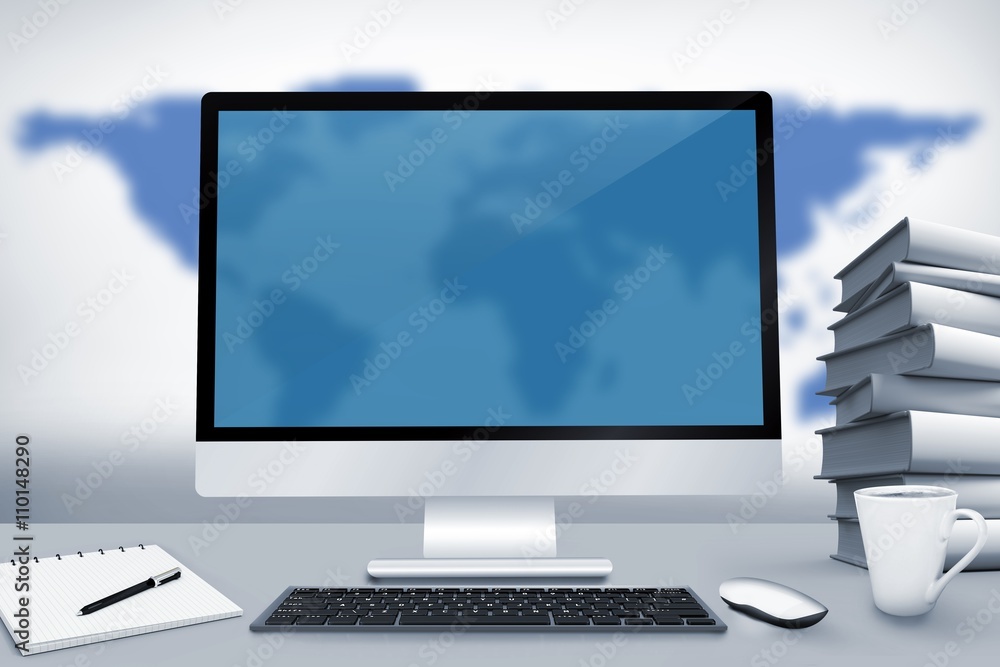 Poster composite image of image of a desk with computer