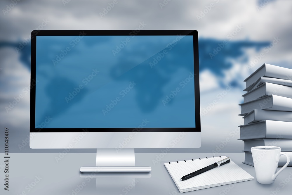 Poster composite image of image of a desk with computer