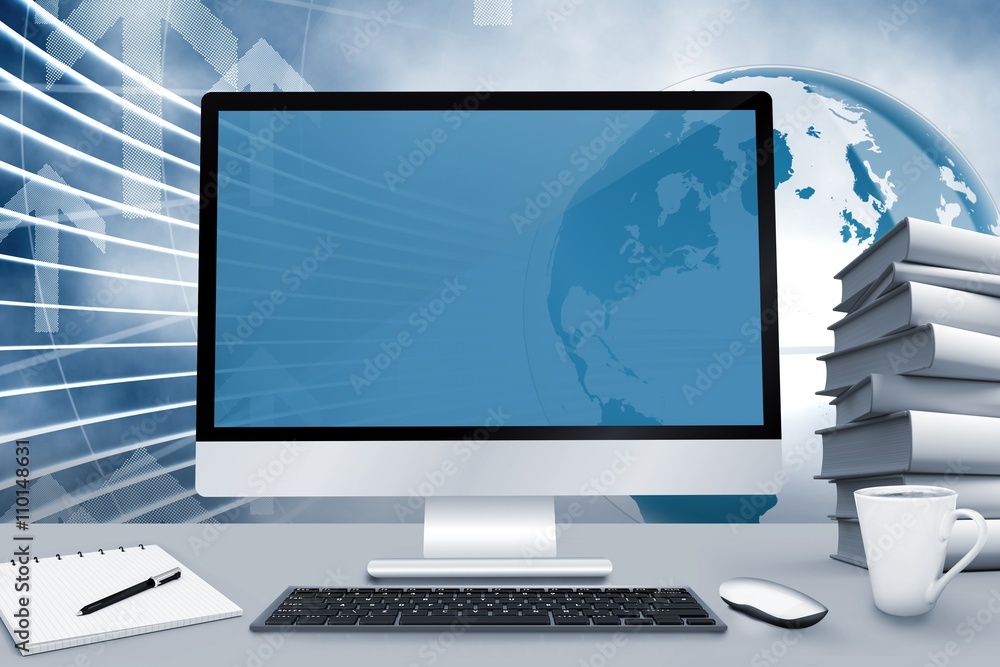 Poster composite image of image of a desk with computer