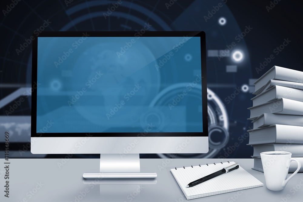 Poster composite image of image of a desk with computer