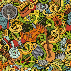 Cartoon hand-drawn picnic doodles seamless pattern