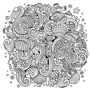 Cartoon hand-drawn doodles Underwater life illustration