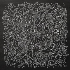 Cartoon hand-drawn doodles Latin American illustration. Chalkboa
