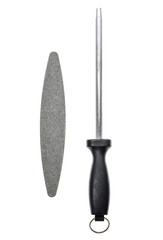 Grindstone or whetstone and sharpener on white background