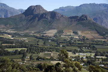 FRANSCHHOEK WESTERN CAPE SOUTH AFRICA - APRIL 2016 -  A scenic landscape overview of the Vineyards and wine farms of the Franschhoek Valley