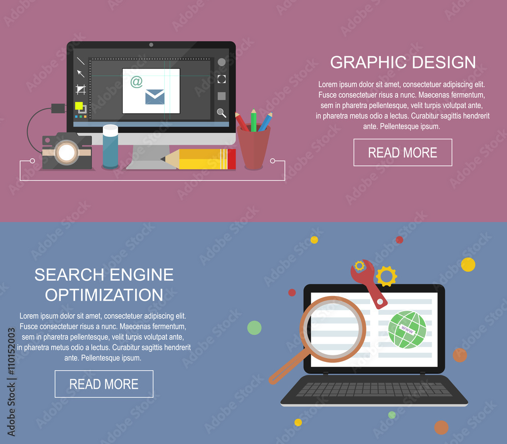 Poster graphic design and search engine optimization website banner. seo. flat illustration.