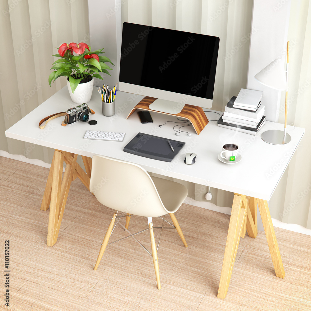 Poster creative desktop computer with drawing tablet on a desk in office