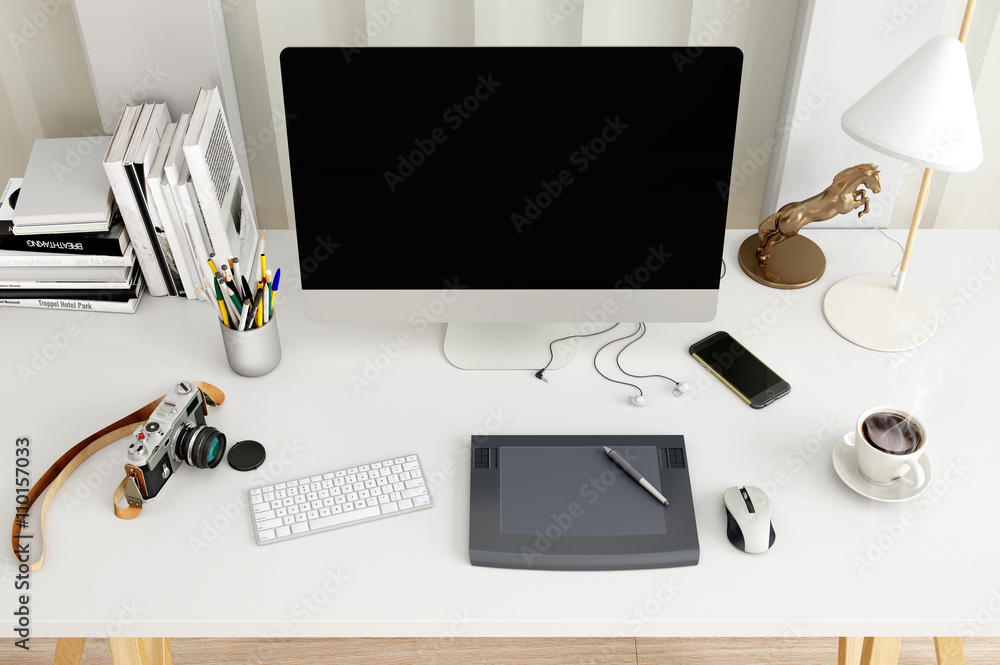 Poster creative desktop computer with drawing tablet on a desk in office