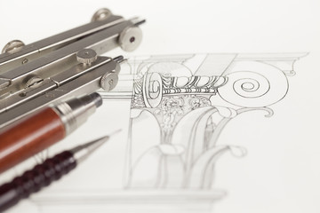 drawings of architectural details - columns element, and tools - compasses, mechanical pencils