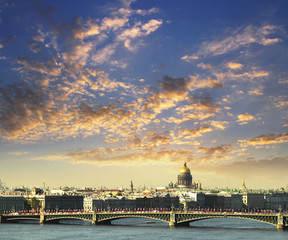 Neva river scape and the dome of St Isaac's Cathedral in Saint Petersburg, Russia. Travel background