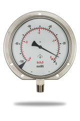 Pressure gauge stainless steel body burdon tube type in inH2o unit isolate on white with clipping path