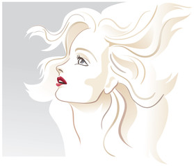 Fashion hairstyle woman model. Blonde, beautiful, profile. Light pastel colors. Vector illustration
