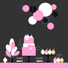 Wedding dessert bar with cake and cupcakes. Sweet table. Candy Buffet.  Vector illustration.