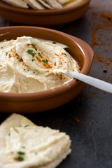 Hummus and pita bread on black slate

