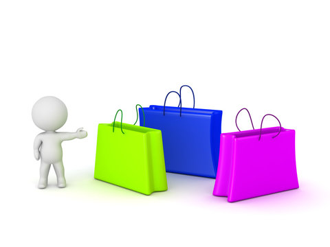 3D Character Showing Colorful Shopping Bags