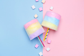 Multicolored Cotton candy. Pastel marshmallows. Minimal style. Pastel background