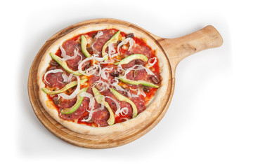 Prepared pizza on white background