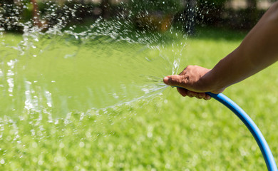 Gardener watering garden from hose
