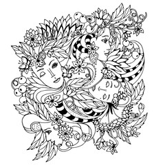 Floral decorative element with surreal female faces, leaves, berries, branches and flowers. Vector illustration for coloring pages or other.