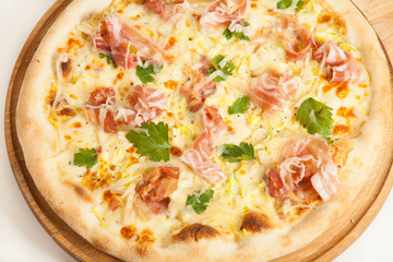 Bacon pizza on wooden board