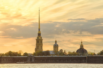 Classic view of Saint-Petersburg river scape at sunset, Peter and Paul fortress . Travel background