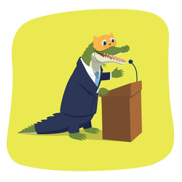 Vector illustration of a crocodile pretending a cute kitten while giving a speech at a tribune. Political caricature. The mask is on a separate layer and can be easily removed in eps file.