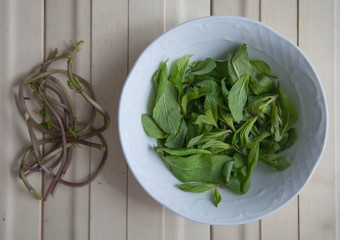 mint leaves on a plate on white wooden table