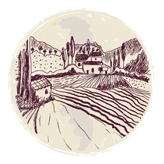 Traditional tuskany landscape sketch for the label or background