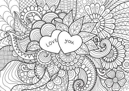 Two Hearts on flowers for coloring books for adult or valentines card