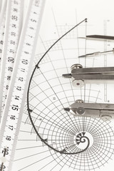 drawing of the golden section, folding ruler & compasses