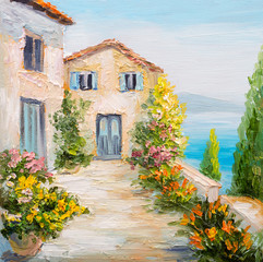 oil painting - house near the sea, colorful flowers, summer seascape