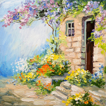 oil painting landscape - garden near the house, colorful flowers, summer forest