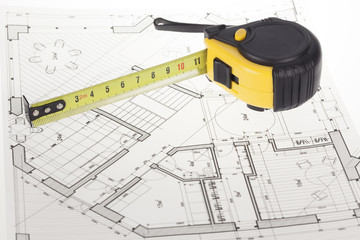 architectural blueprint - house plan & tape measure