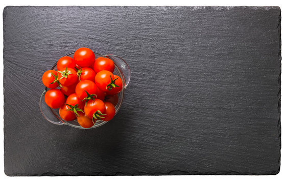 top view of beautiful red tomatoes cherry in transparent salad b